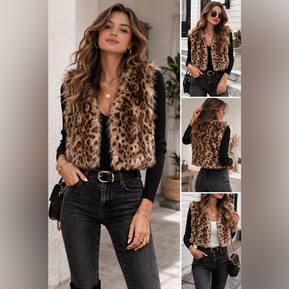 Faux Fur Vest brown tan leopard size M - Picture 9 of 10